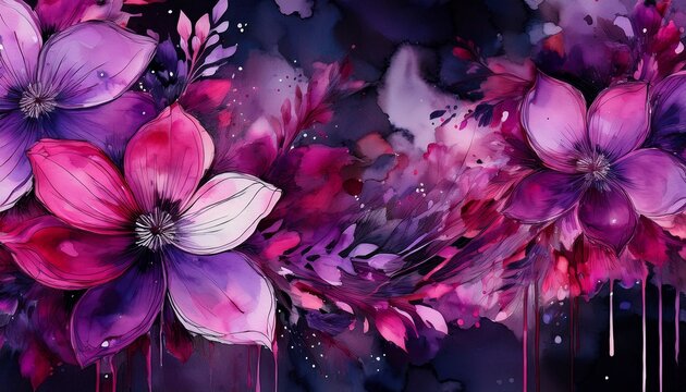hand painted watercolor floral pattern bold and abstract style deep purple and magenta colors with dynamic splashes and drips on a dark charcoal background