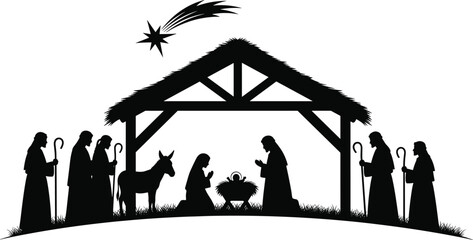 Nativity scene silhouette, Christmas manger illustration, holy family under star, religious birth of Jesus, shepherds, donkey, Bethlehem, Christian tradition