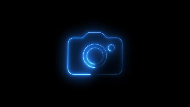blue &ldquo;Neon Line Photo Camera Icon on Black Background &ndash; Digital Photography Concept, 4k video