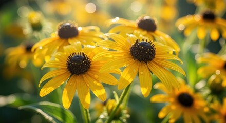 Three yellow sunflowers with water droplets on petals.