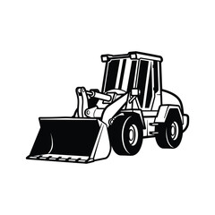 Naklejka premium Black and white line art illustration of a front loader construction vehicle heavy equipment