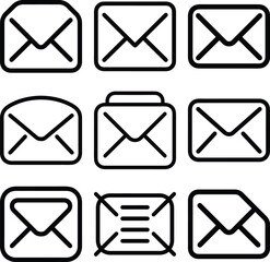 Collection of nine different black and white envelope icons
