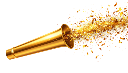 Golden party horn blowing out a stream of glittering gold confetti against a clean white background, creating a festive and celebratory atmosphere.