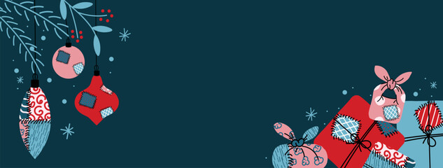 Festive folk Christmas background with patchwork ornaments, winter foliage, eco-friendly fabric-wrapped gifts in furoshiki style, creating a modern sustainable holiday design on a dark blue backdrop.