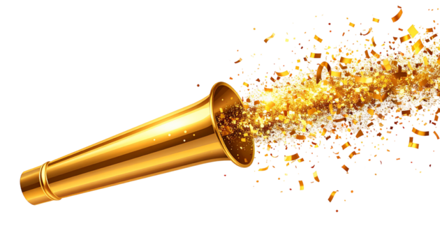 Golden party horn blowing out a stream of glittering gold confetti against a clean white background, creating a festive and celebratory atmosphere.