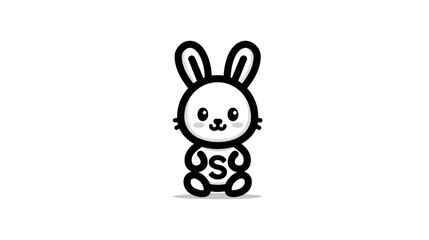 Cute Cartoon White Rabbit Illustration. Adorable, Minimal Animal Character with Black Outline, Sitting with an S on its Belly.