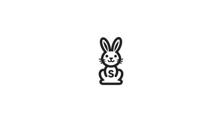 Cute black outline rabbit icon with letter S on belly. Simple bunny character graphic design element on white background.