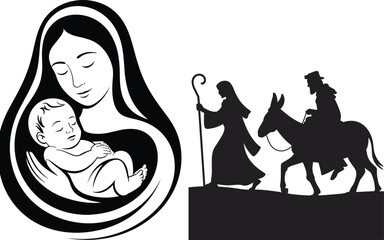Sacred Christmas illustration of Mary holding baby Jesus with holy family journey silhouette, religious nativity artwork celebrating spirituality, peace, faith