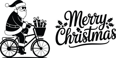 Santa Claus riding a bicycle with Christmas gifts in basket, festive Merry Christmas holiday greeting design, winter celebration illustration
