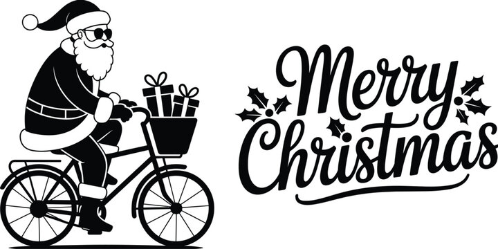 Santa Claus riding a bicycle with Christmas gifts in basket, festive Merry Christmas holiday greeting design, winter celebration illustration