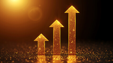 Golden Sparkle Arrows Ascending on Dark Background Representing Growth and Success Concept