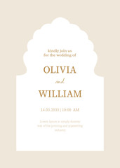 Indian wedding invitation with elegant Mughal-inspired arch and refined beige palette. Ornamental decorative frame suitable for festive cultural events and luxury-themed compositions