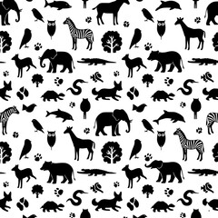 Charming seamless pattern featuring wildlife silhouettes for a playful, creative design that evokes a sense of childlike wonder and appeals to nature lovers, perfect for kids' products