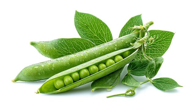 fresh green pea pods with visible leaves isolated on white background