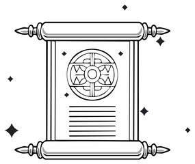 Ancient magic scroll with a mystical symbol line art illustration