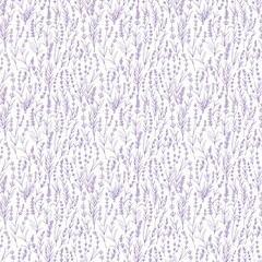 Lavender floral pattern with delicate purple flowers and leaves on a white background seamless design