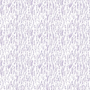 Lavender floral pattern with delicate purple flowers and leaves on a white background seamless design