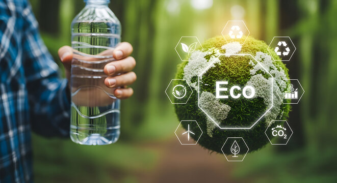 Hydration and environmental responsibility person holding water bottle near eco globe