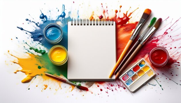 art supplies with paint splatters and a notebook isolated on white background - Powered by Adobe