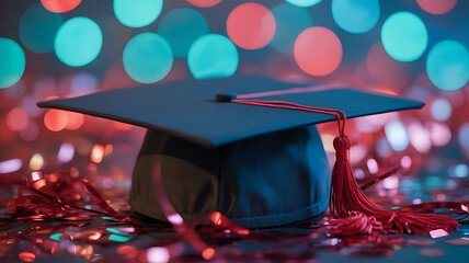 Graduation cap with tassel and confetti on background with bokeh lights celebration success