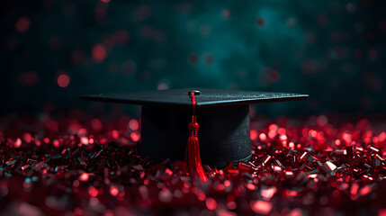Graduation cap amidst celebratory red confetti symbolizing academic achievement and future success