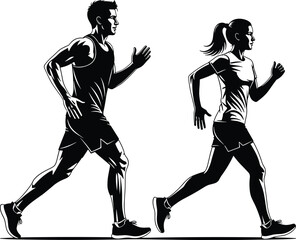 Silhouette illustration of a man and woman jogging together outdoors, portraying healthy lifestyle, fitness training, running exercise, sport activity, and teamwork motivation.