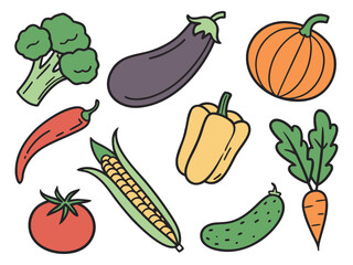 Vibrant Hand-Drawn Vegetable and Produce Collection: Simple Outlined Doodle Set Featuring Broccoli, Eggplant, Pumpkin, Pepper, Corn, and Chili.