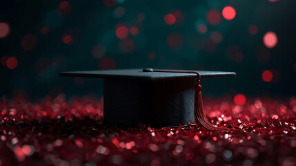 Graduation cap with tassel surrounded by red confetti on a dark moody background