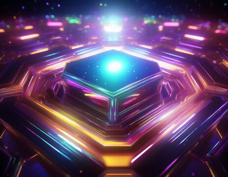 iridescent 3d hexagon floating with bright glowing reflections
