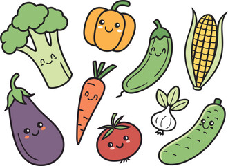 Adorable Kawaii Vegetable Characters Vector Set: Cute Cartoon Doodle Collection with Smiling Broccoli, Carrot, Eggplant, Corn, Tomato, and Bell Pepper.