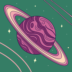 Groovy Space Psychedelic Saturn Planet Vector Illustration: Retro 70s Cosmic Art with Swirling Pink and Purple Gas Giant Rings on a Dark Green Background.