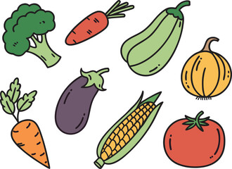 Hand-Drawn Cartoon Doodle Style Vegetable Set Vector Illustration: Mix of Colorful Healthy Produce Like Broccoli, Carrots, Corn, Eggplant, and Tomato.