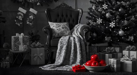Christmas scene with armchair, tree, gifts, and red apples