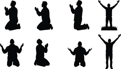 Spiritual silhouette figures, praying poses, worship gestures, kneeling devotion, religious meditation, emotional connection, faith expression, sacred moment