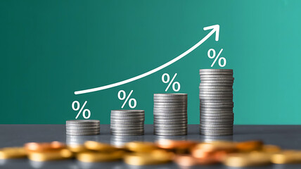 Increasing Interest Rates Concept with Coin Stacks and Upward Arrow Illustrating Financial Growth