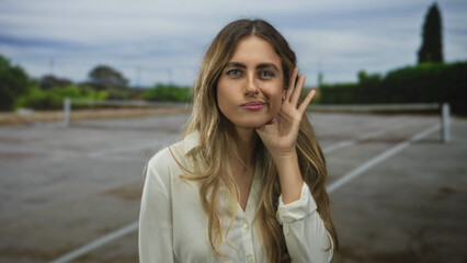Woman cups hand to ear listening on tennis court; curiosity attention.