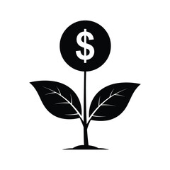 Black dollar sign plant growing from ground with two leaves money growth