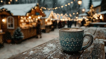 Shallow depth of field bokeh winter Christmas market teal hot drink mug, cozy snowy scene with festive lights, ideal for holiday card design and seasonal marketing.