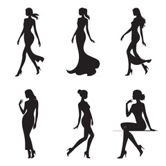 Elegant Female Fashion Silhouettes Vector Collection: Woman in Various Poses and Dresses