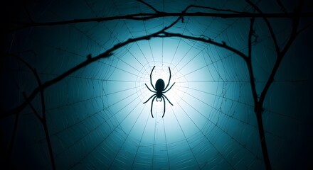 Spider Silhouette on Spooky Halloween Web at Night with Bare Branches