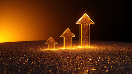 Three glowing upward arrows symbolizing business growth and success on a dark background