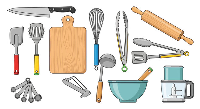Collection of kitchen utensils and tools for cooking and baking, including a knife, spatula, whisk, tongs, rolling pin, and cutting board