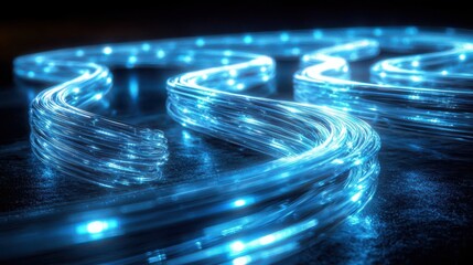 Optical fiber macro multiple fiber cables bent curved brilliant blue light streams glowing trails transparent glass pathways dark textured background