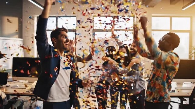 Joyful diverse business team celebrating success with colorful confetti in a modern office environment