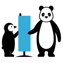Panda and penguin stand bya bill board