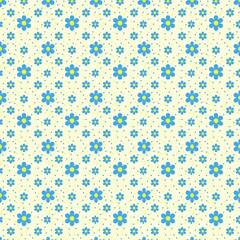 Seamless pattern featuring blue flowers with yellow centers and small yellow dots on a light background
