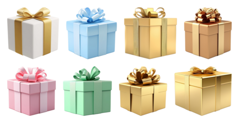 PNG Colorful gift boxes with ribbons, element set on transparent background