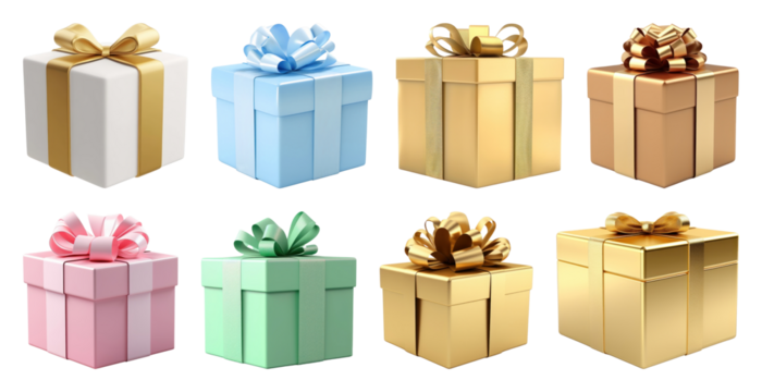 PNG Colorful gift boxes with ribbons, element set on transparent background - Powered by Adobe