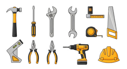 A comprehensive set of cartoon vector illustrations featuring essential construction and repair tools for DIY home improvement projects
