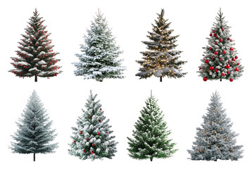 PNG Festive snowy Christmas trees variety, element set on transparent background